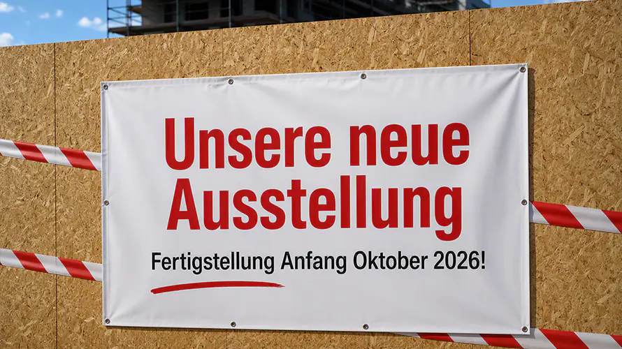 Ausstellung Halle Schild an einem Bauzaun zur Ausstellung in Halle